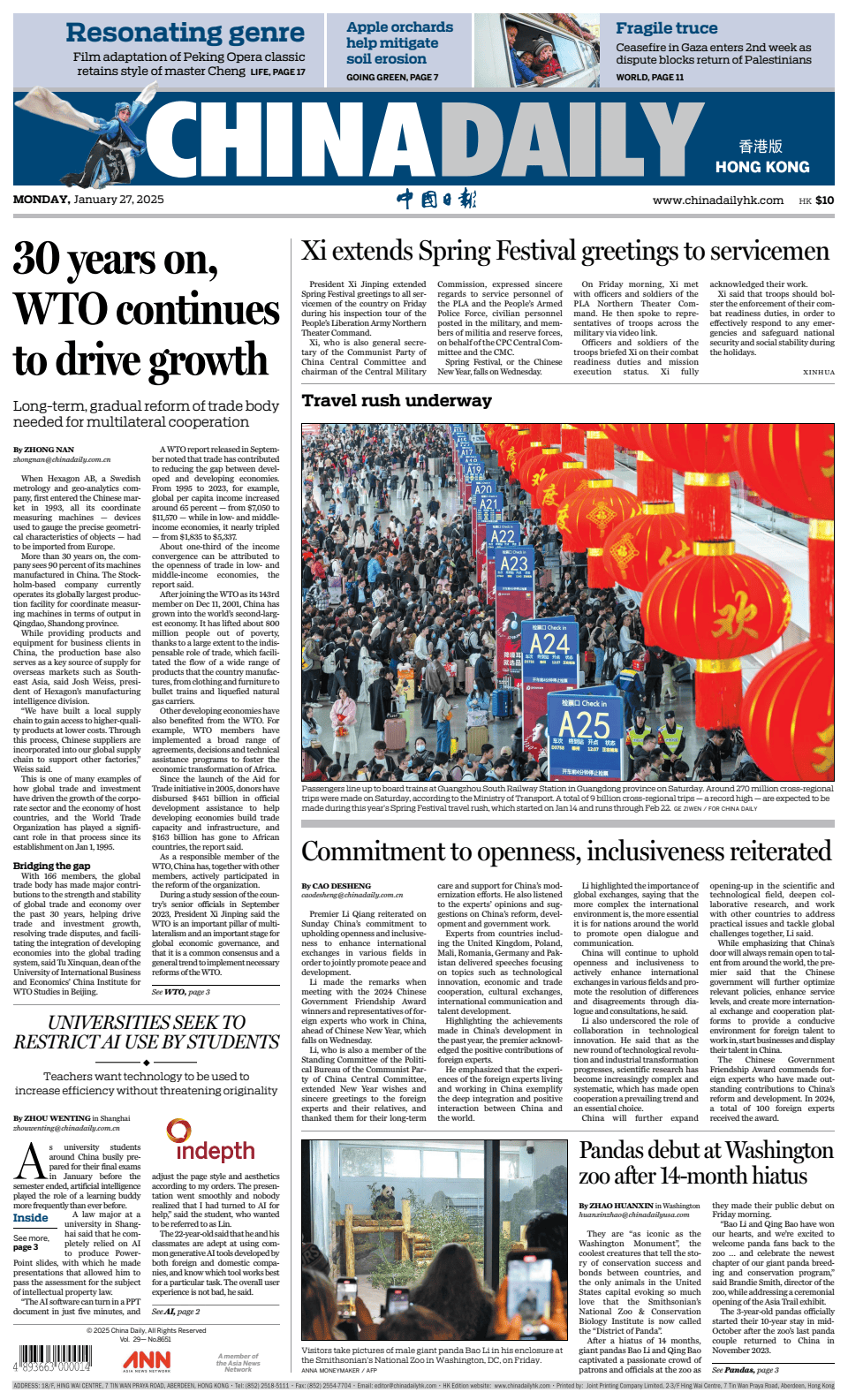 Prima-pagina-China Daily-oggi-edizione-di-oggi-20250127